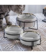 MISKA CERAMICZNA PODWÓJNA DLA PSA I KOTA MISKI DREWNIANA PODSTAWA 2x400ml