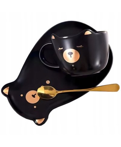 KUBEK CERAMICZNY 200ML Z POKRYWKĄ PODSTAWKĄ KOT KAWY TALERZYKIEM SPODKIEM