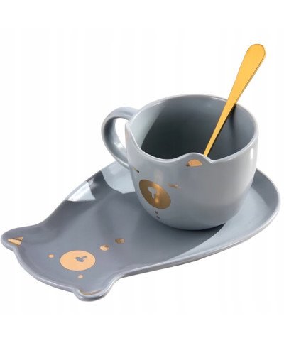 KUBEK CERAMICZNY 200ML Z POKRYWKĄ PODSTAWKĄ KOT KAWY TALERZYKIEM SPODKIEM