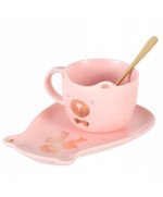 KUBEK CERAMICZNY 200ML Z POKRYWKĄ PODSTAWKĄ KOT KAWY TALERZYKIEM SPODKIEM