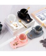 KUBEK CERAMICZNY 200ML Z POKRYWKĄ PODSTAWKĄ KOT KAWY TALERZYKIEM SPODKIEM