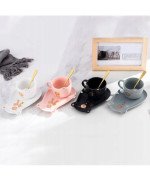KUBEK CERAMICZNY 200ML Z POKRYWKĄ PODSTAWKĄ KOT KAWY TALERZYKIEM SPODKIEM