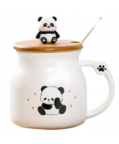 KUBEK CERAMICZNY 350ML Z ŁYŻECZKĄ + POKRYWKĄ PANDA MIŚ DO KAWY HERBATY DUŻY