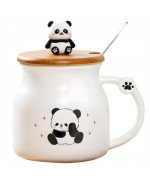 KUBEK CERAMICZNY 350ML Z ŁYŻECZKĄ + POKRYWKĄ PANDA MIŚ DO KAWY HERBATY DUŻY