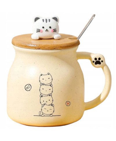 KUBEK CERAMICZNY 350ML Z ŁYŻECZKĄ + POKRYWKĄ KOT DO KAWY HERBATY DUŻY CUTE