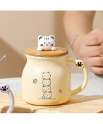 KUBEK CERAMICZNY 350ML Z ŁYŻECZKĄ + POKRYWKĄ KOT DO KAWY HERBATY DUŻY CUTE