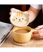 KUBEK CERAMICZNY 350ML Z POKRYWKĄ PODSTAWKĄ KOT DO KAWY HERBATY DUŻY CUTE