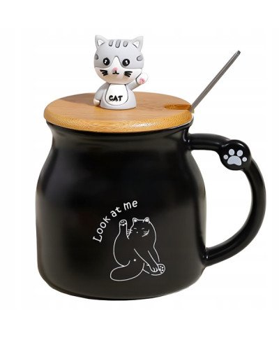 KUBEK CERAMICZNY 350ML Z ŁYŻECZKĄ + POKRYWKĄ KOT DO KAWY HERBATY DUŻY CUTE