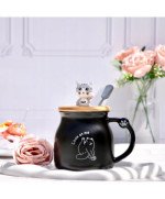 KUBEK CERAMICZNY 350ML Z ŁYŻECZKĄ + POKRYWKĄ KOT DO KAWY HERBATY DUŻY CUTE