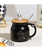 KUBEK CERAMICZNY 350ML Z ŁYŻECZKĄ + POKRYWKĄ KOT DO KAWY HERBATY DUŻY CUTE