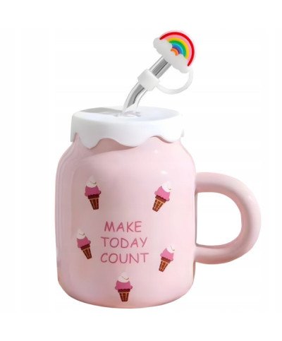 KUBEK CERAMICZNY 450ML ZE SŁOMKĄ + POKRYWKĄ DO KAWY HERBATY DUŻY NAPOJU