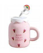 KUBEK CERAMICZNY 450ML ZE SŁOMKĄ + POKRYWKĄ DO KAWY HERBATY DUŻY NAPOJU