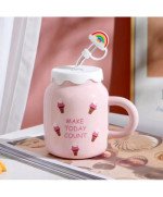 KUBEK CERAMICZNY 450ML ZE SŁOMKĄ + POKRYWKĄ DO KAWY HERBATY DUŻY NAPOJU