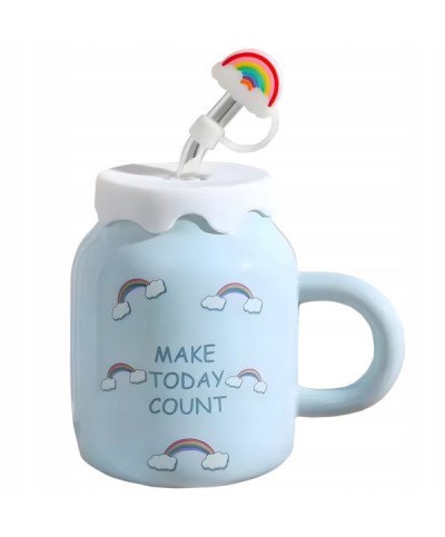 KUBEK CERAMICZNY 450ML ZE SŁOMKĄ + POKRYWKĄ DO KAWY HERBATY DUŻY NAPOJU