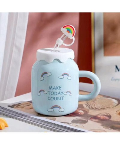 KUBEK CERAMICZNY 450ML ZE SŁOMKĄ + POKRYWKĄ DO KAWY HERBATY DUŻY NAPOJU