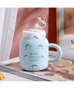 KUBEK CERAMICZNY 450ML ZE SŁOMKĄ + POKRYWKĄ DO KAWY HERBATY DUŻY NAPOJU