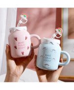 KUBEK CERAMICZNY 450ML ZE SŁOMKĄ + POKRYWKĄ DO KAWY HERBATY DUŻY NAPOJU