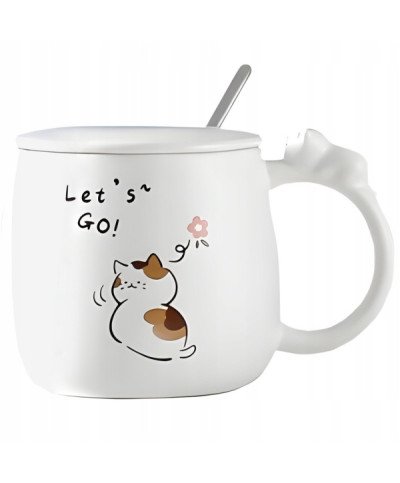 KUBEK CERAMICZNY 400ML Z ŁYŻECZKĄ + POKRYWKĄ KOT DO KAWY HERBATY DUŻY CUTE