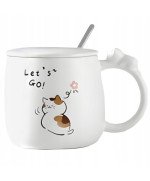 KUBEK CERAMICZNY 400ML Z ŁYŻECZKĄ + POKRYWKĄ KOT DO KAWY HERBATY DUŻY CUTE