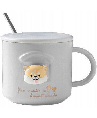 KUBEK CERAMICZNY 350ML Z ŁYŻECZKĄ + POKRYWKĄ PIES DO KAWY HERBATY DUŻY CUTE