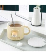 KUBEK CERAMICZNY 350ML Z ŁYŻECZKĄ + POKRYWKĄ PIES DO KAWY HERBATY DUŻY CUTE