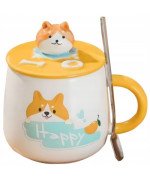 KUBEK CERAMICZNY 400ML Z ŁYŻECZKĄ + POKRYWKĄ PIES DO KAWY HERBATY DUŻY CUTE