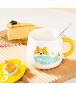 KUBEK CERAMICZNY 400ML Z ŁYŻECZKĄ + POKRYWKĄ PIES DO KAWY HERBATY DUŻY CUTE