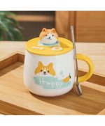 KUBEK CERAMICZNY 400ML Z ŁYŻECZKĄ + POKRYWKĄ PIES DO KAWY HERBATY DUŻY CUTE