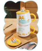 KUBEK CERAMICZNY 400ML Z ŁYŻECZKĄ + POKRYWKĄ PIES DO KAWY HERBATY DUŻY CUTE