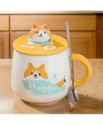 KUBEK CERAMICZNY 400ML Z ŁYŻECZKĄ + POKRYWKĄ PIES DO KAWY HERBATY DUŻY CUTE