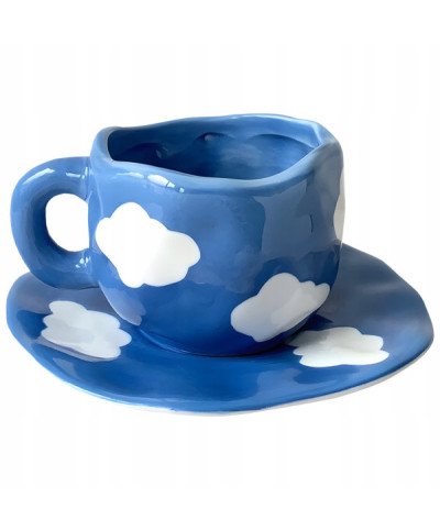 KUBEK CERAMICZNY 400ML Z PODSTAWKĄ DO KAWY HERBATY DUŻY CHMURKA ZE SPODKIEM