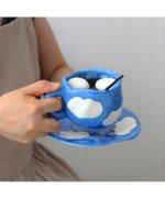 KUBEK CERAMICZNY 400ML Z PODSTAWKĄ DO KAWY HERBATY DUŻY CHMURKA ZE SPODKIEM