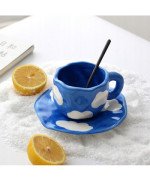 KUBEK CERAMICZNY 400ML Z PODSTAWKĄ DO KAWY HERBATY DUŻY CHMURKA ZE SPODKIEM