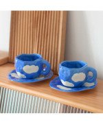 KUBEK CERAMICZNY 400ML Z PODSTAWKĄ DO KAWY HERBATY DUŻY CHMURKA ZE SPODKIEM