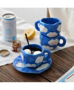 KUBEK CERAMICZNY 400ML Z PODSTAWKĄ DO KAWY HERBATY DUŻY CHMURKA ZE SPODKIEM