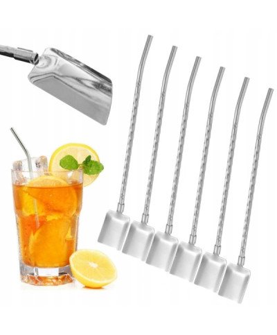 SREBRNE SŁOMKI Z ŁYŻECZKĄ EKO RURKI do napojów METALOWE słomki wielorazowe