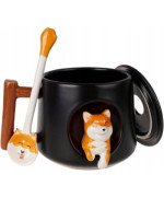 KUBEK CERAMICZNY 420ML Z ŁYŻECZKĄ + POKRYWKĄ PIES DO KAWY HERBATY DUŻY CUTE