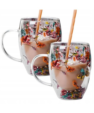 Szklanka kubek termiczny podwójne dno ścianki z kwiatami Kawy Herbaty 2szt