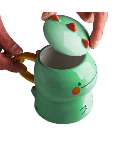 KUBEK CERAMICZNY DUŻY Z ŁYŻECZKĄ POKRYWKĄ SMOK DO KAWY HERBATY DLA DZIECKA