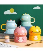 KUBEK CERAMICZNY DUŻY Z ŁYŻECZKĄ POKRYWKĄ SMOK DO KAWY HERBATY DLA DZIECKA