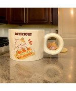 KOCI KUBEK CERAMICZNY 420ML Z ŁYŻECZKĄ + POKRYWKĄ KOT DO KAWY HERBATY DUŻY