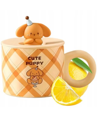 KUBEK CERAMICZNY DUŻY Z ŁYŻECZKĄ POKRYWKĄ PIES DO KAWY HERBATY DUŻY PIESEK