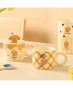 KUBEK CERAMICZNY DUŻY Z ŁYŻECZKĄ POKRYWKĄ PIES DO KAWY HERBATY DUŻY PIESEK