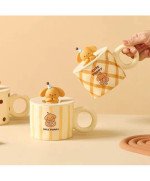 KUBEK CERAMICZNY DUŻY Z ŁYŻECZKĄ POKRYWKĄ PIES DO KAWY HERBATY DUŻY PIESEK