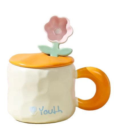 KUBEK CERAMICZNY 450ML Z ŁYŻECZKĄ + POKRYWKĄ KWIAT DO KAWY HERBATY DLA MAMY