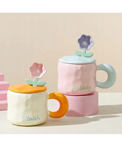 KUBEK CERAMICZNY 450ML Z ŁYŻECZKĄ + POKRYWKĄ KWIAT DO KAWY HERBATY DLA MAMY