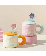 KUBEK CERAMICZNY 450ML Z ŁYŻECZKĄ + POKRYWKĄ KWIAT DO KAWY HERBATY DLA MAMY