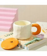 KUBEK CERAMICZNY 450ML Z ŁYŻECZKĄ + POKRYWKĄ KWIAT DO KAWY HERBATY DLA MAMY