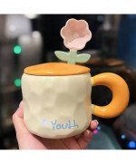 KUBEK CERAMICZNY 450ML Z ŁYŻECZKĄ + POKRYWKĄ KWIAT DO KAWY HERBATY DLA MAMY