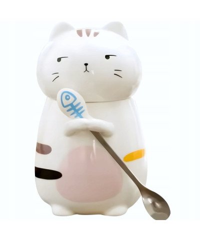 KUBEK CERAMICZNY 420ML Z ŁYŻECZKĄ + POKRYWKĄ KOT DO KAWY HERBATY DUŻY CUTE